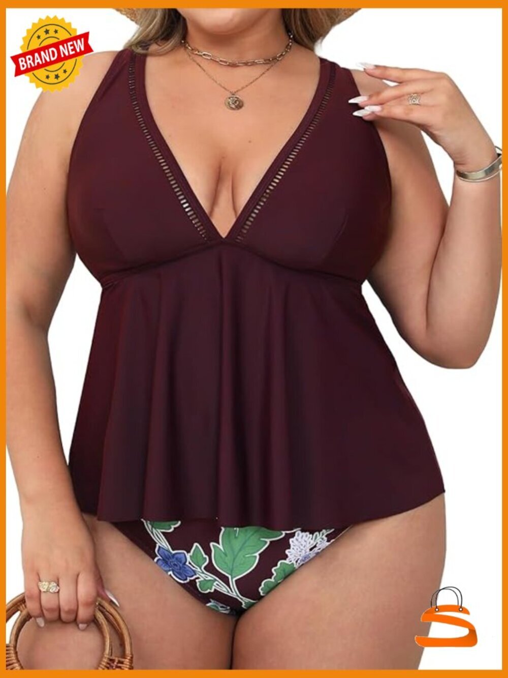 Plus Size V-Neck Tankini Set with Adjustable Straps and Mid Rise Bottoms